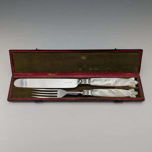 Early 19th Century British Antique White Mother of Pearl Handle Travel Cutlery Pair with Case